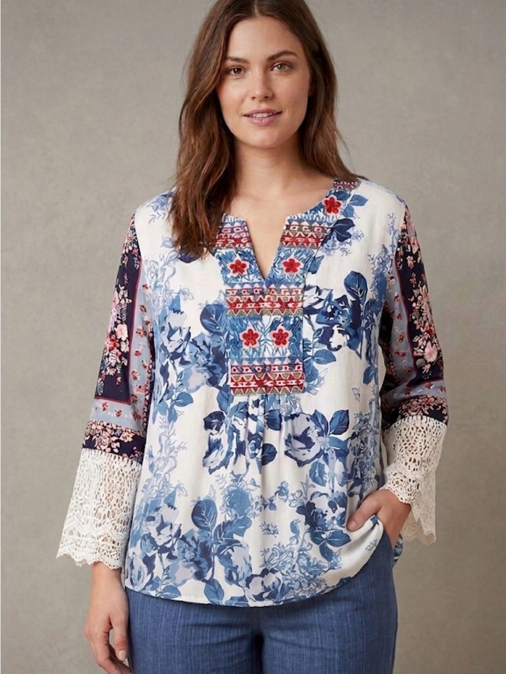 John Mark Blouse Top Embroidered Floral